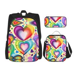 SUHNGE Lunchbox mit Regenbogen-Herz-Muster, Federmäppchen, Rucksack-Set, 3-teilig, verstellbare Riemen, langlebig, leicht, Herzen in Regenbogenfarben, Einheitsgröße von SUHNGE