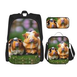 SUHNGE Reiserucksack mit niedlichem Husky-Aufdruck, leicht, wasserabweisend, Büchertasche, Lunch-Tasche, Federmäppchen, 3-teiliges Set, Niedliche Meerschweinchen, Einheitsgröße von SUHNGE