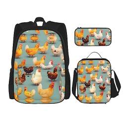 SUHNGE Reiserucksack mit niedlichem Husky-Aufdruck, leicht, wasserabweisend, Büchertasche, Lunch-Tasche, Federmäppchen, 3-teiliges Set, Niedliches Huhn zum Spazierengehen, Einheitsgröße von SUHNGE