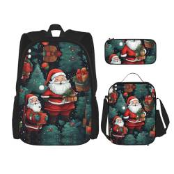 SUHNGE Reiserucksack mit niedlichem Weihnachtsmann-Druck, leicht, wasserabweisend, Büchertasche, Lunch-Tasche, Federmäppchen, 3-teiliges Set, Niedlicher Weihnachtsmann, Einheitsgröße von SUHNGE