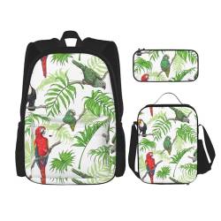 SUHNGE Reiserucksack mit orangefarbenem Tiger-Leopardenmuster, 3-teiliges Set, leichte, wasserabweisende Büchertasche, Lunchtasche, Federmäppchen, Papageienvögel und tropischer Baum, Einheitsgröße von SUHNGE