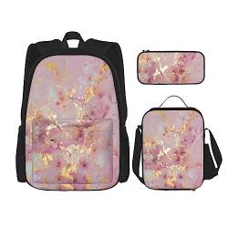 SUHNGE Reiserucksack mit rosa Marmor-Textur, 3-teiliges Set, leichte, wasserabweisende Büchertasche, Lunchtasche, Federmäppchen, Textur Marmor Rosa, Einheitsgröße von SUHNGE