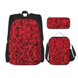 SUHNGE Reiserucksack mit rotem und schwarzem Rosenmuster, 3-teiliges Set, leichte, wasserabweisende Büchertasche, Lunchtasche, Federmäppchen, rote rose, Einheitsgröße von SUHNGE