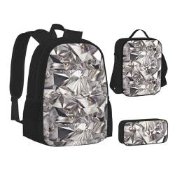 SUHNGE Rucksack, Lunchbox-Set, 3-in-1, Schul-Büchertasche und Federmäppchen, passendes Set mit weißem Naturzweig-Druck, Glitzer, abstraktes Diamant-Kristallmuster, Einheitsgröße von SUHNGE