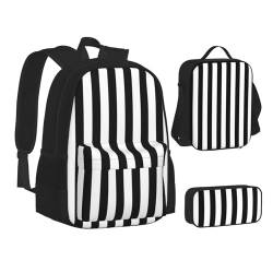 SUHNGE Rucksack-Lunchbox-Set mit deutscher Flagge, 3-in-1, Schul-Büchertasche und Federmäppchen, passende Kombination, Schwarze und weiße Streifen, Einheitsgröße von SUHNGE