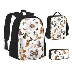 SUHNGE Rucksack mit Motiv Henne fliegende Schmetterlinge unter Blumen, Schulbüchertaschen, Lunch-Tasche, Federmäppchen, Schulrucksäcke, Mädchen und Jungen, Katze Schmetterling, Einheitsgröße von SUHNGE