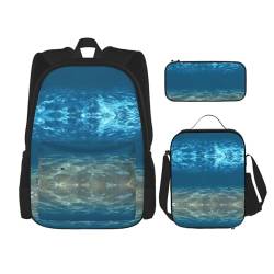 SUHNGE Schulrucksack mit buntem Unkrautmuster, verstellbare Schultergurte, Lunchtasche, Federmäppchen, 3-in-1-Set, Blue Ocean Sea Wavy Seascape, Einheitsgröße von SUHNGE