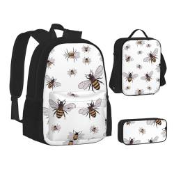 WURTON Rucksack mit Camouflage-Muster, Schulbüchertaschen, 3-teiliges Set, Lunch-Tasche, Federmäppchen für Teenager, Mädchen, Jungen, Lustige Bienen, Einheitsgröße von SUHNGE