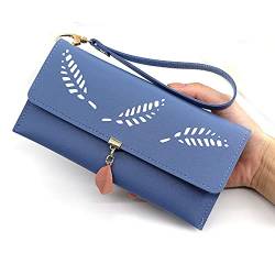 SUICRA Damen Geldbörse Mode Hohl Leder Geld Tasche Damen Lange Brieftasche Hand Geldbörse Schnalle Armband Münze Geldbörse Kartenhalter (Color : Blue) von SUICRA
