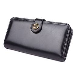 SUICRA Damen Geldbörse New Oil Wax Leather Women Wallets Multi-Card Slot Long Wallets for Women Luxury Retro Buckle Two-fold Card Holder (Color : Black) von SUICRA