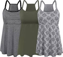 SUIEK Damen Still-Tanktops Mutterschaft Cami mit Regal-BH Baumwolle Stillkleidung, A-Streifen+Armeegrün+grauer Druck - Vierter Stil, Groß von SUIEK