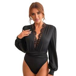 SUIUOI Damen Body mit Spitzenärmeln,Bodysuit Tiefer V Ausschnitt Spitzenbesatz Langarm Chic Spitze Oberteil mit Spitze Rückenfrei Shirt Strick Top Elegant Bluse Top Body Sculpting von SUIUOI