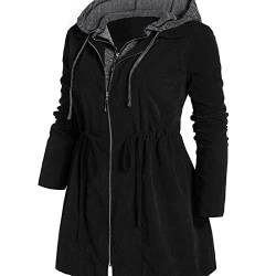 SUKORI Damenmäntel Clothing Mid-length Windbreaker Slim Fit Trench Fake Two Jackets Female Large Size With Hood Cotton Casual Coat (Color : Black, Size : 5XL) von SUKORI