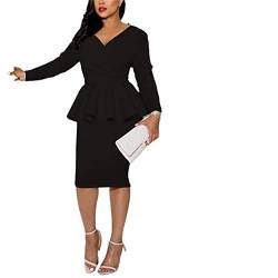 SUKORI Kleid Women Long Sleeve V Neck Peplum Dress Elegant Bodycon Dress (Color : Black, Size : XX-Large) von SUKORI