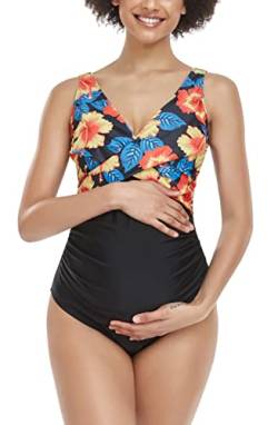 SUMMERSUNSHINE Umstands-Badeanzug, Einteiler, Bademode, vorne gekreuzt, Schwangerschaft, Badeanzug, Umstands-Bikini, Gelb mit Blumenmuster und Schwarz, Large von SUMMERSUNSHINE