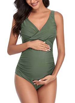 SUMMERSUNSHINE Umstands-Badeanzug, Einteiler, Bademode, vorne gekreuzt, Schwangerschaft, Badeanzug, Umstands-Bikini, Grün (Army Green), S von SUMMERSUNSHINE