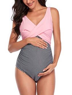 SUMMERSUNSHINE Umstands-Badeanzug, Einteiler, Bademode, vorne gekreuzt, Schwangerschaft, Badeanzug, Umstands-Bikini, Rosa Streifen, M von SUMMERSUNSHINE