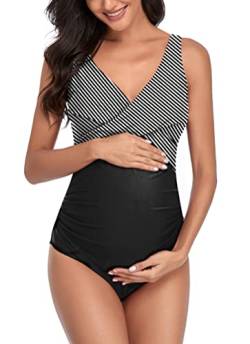 SUMMERSUNSHINE Umstands-Badeanzug, Einteiler, Bademode, vorne gekreuzt, Schwangerschaft, Badeanzug, Umstands-Bikini, Schwarze Streifen, L von SUMMERSUNSHINE