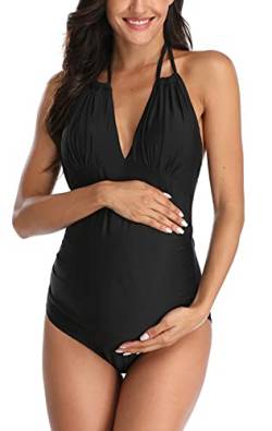 SUMMERSUNSHINE Umstandsmode Einteiler Neckholder Bademode Schwangerschaft V-Ausschnitt Badeanzug Umstandsmode Strandkleidung Bikini, solide, schwarz, Large von SUMMERSUNSHINE