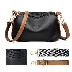 SUNAVY Kleine Umhängetasche Damen PU Leder Crossbody Bag Damen Breiter Gurt Handtasche Umhängetasche Klein Moderne Taschen mit Kreditkartenfach und 2 Schultergurten (Schwarz) von SUNAVY