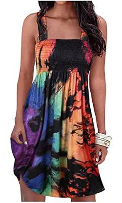 Reverse Tie Dye Rainbow Smoked Spaghetti Strap Minikleid für Frauen Sommer Strand Swing Kleider Cover Ups A-Linie Kleid, mehrfarbig, X-Groß von SUNFLYLIG
