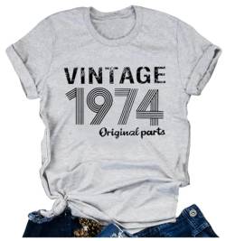 T-Shirt zum 50. Geburtstag für Damen, Vintage-Stil, 1974, Originalteile, lustiges Geschenk zum 50. Geburtstag, lässiges Oberteil, Hellgrau, Groß von SUNFLYLIG