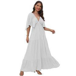 Damen Sommer V-Ausschnitt Stufen-Silhouette mit Flatterärmeln Maxikleid für Casual, Weiss/opulenter Garten, Klein von SUNNOW