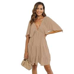 Damen Sommer V-Ausschnitt Stufen-Silhouette mit Flatterärmeln Minikleid für Casual, Khaki, Groß von SUNNOW