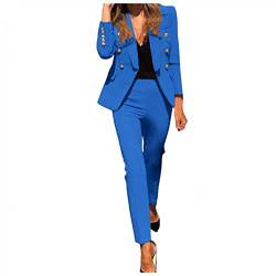 SUNNSEAN Damen Zweiteiliger Anzug Set Revers Büro Business Formal Blazer Langarm Anzugjacke Hosenanzug Slim Fit Hose 2 Stück, Z03*-blau01, XXL von SUNNSEAN