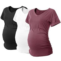 SUNNYBUY 3er-Pack Damen Umstands-Tops seitlich geraffte Umstands-Shirts Schwangerschaftskleidung V-Ausschnitt, Schwarz & Weiß & Burgunderrot, Groß von SUNNYBUY