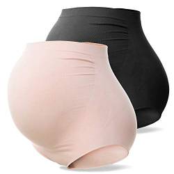 SUNNYBUY Damen Umstandsmode Hohe Taille Unterwäsche Schwangerschaft Nahtlos Weich Hipster Panties Over Bump, Schwarz Beige-2er Pack, 3X Mehr von SUNNYBUY