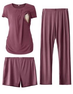 SUNNYBUY Damen Umstandsmode Stillpyjama-Set, Kurzarm-Stillshirts, Schwangerschafts-Shorts und Hosen, 3-teiliges Stillpyjama-Set, Dunkelrot M von SUNNYBUY