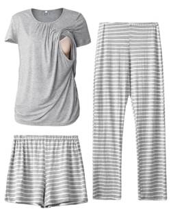 SUNNYBUY Damen Umstandsmode Stillpyjama-Set, Kurzarm-Stillshirts, Schwangerschafts-Shorts und Hosen, 3-teiliges Stillpyjama-Set, Grau&Streifen 2XL von SUNNYBUY