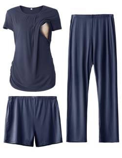 SUNNYBUY Damen Umstandsmode Stillpyjama-Set, Kurzarm-Stillshirts, Schwangerschafts-Shorts und Hosen, 3-teiliges Stillpyjama-Set, Navy Blau 2XL von SUNNYBUY