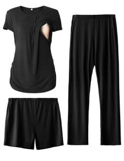 SUNNYBUY Damen Umstandsmode Stillpyjama-Set, Kurzarm-Stillshirts, Schwangerschafts-Shorts und Hosen, 3-teiliges Stillpyjama-Set, Schwarz S von SUNNYBUY