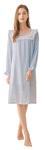 SUNNYNINI Damen-Nachthemd aus langstapliger Baumwolle, Frühling und Sommer, dünne, langärmlige, lässige Pullover-Heimkleidung mit quadratischem Kragen (Hellblau, M-L) von SUNNYNINI