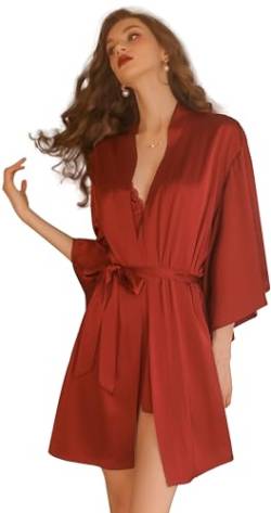 SUNNYNINI Sinnliches reines Verlangen: Spitzen-Schlafanzug in reiner Farbe, Trägerkleid mit Schleife, Morgenmantel und Hausbekleidung-Set (Rot (Bademantel + Gürtel), Einheitsgröße) von SUNNYNINI