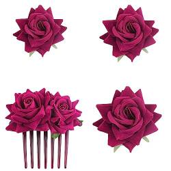 SUNTRADE 4 Stück Frauen Rose Haarnadel, Braut Rose Brosche Haarspange Hochzeit Floral Clips für Frauen Mädchen Party Hochzeit (Rosenrot) von SUNTRADE