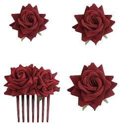 SUNTRADE 4 Stück Frauen Rose Haarnadel, Braut Rose Brosche Haarspange Hochzeit Floral Clips für Frauen Mädchen Party Hochzeit (Rotwein) von SUNTRADE