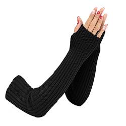 SUNTRADE Damen Mädchen Strick Weiche Dehnbare Fingerlose Handschuhe Armstulpen Lange Handschuhe, Schwarz , 38 von SUNTRADE