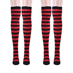 SUNTRADE Damen-Socken, extra lang, gestreift, lang, blickdicht, niedlich, für Cosplay, 2 x Rot-Schwarz, One size von SUNTRADE