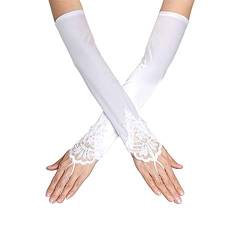 SUNTRADE Damen Spitze Satin Braut Party Fingerlose Handschuhe Pailletten Elegant (Weiß) von SUNTRADE