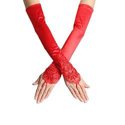 SUNTRADE Damen Spitze Satin Braut Party Fingerlose Handschuhe Pailletten Elegant (rot) von SUNTRADE