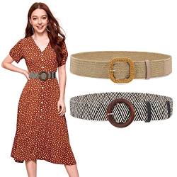 SUOSDEY 2 Stück Stroh gewebter elastischer Stretch-Taillengürtel für Frauen Sommer Boho Wide Waist Dress Band Geflochtene Gürtel, Khaki+Streifen von SUOSDEY