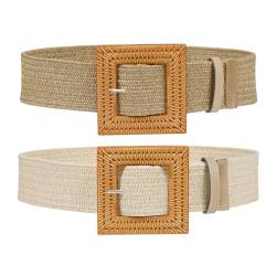 SUOSDEY 2 Stück Stroh gewebter elastischer Stretch-Taillengürtel für Frauen Sommer Boho Wide Waist Dress Band Geflochtene Gürtel, Khaki + Sandfarbe, 120cm von SUOSDEY