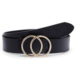 SUOSDEY Stilvolle Gold Doppel Ring Schnalle Gürtel für Frauen Ledergürtel für Jeans Kleid Hosen Gürtel Breite 3,3 cm, Schwarz, Gürtellänge:100cm von SUOSDEY