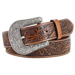 SUOSDEY Westerngürtel für Damen Herren, Cowboy Cowgirl Ledergürtel für Jeans, Vintage Gravurgürtel mit Schnalle braun von SUOSDEY