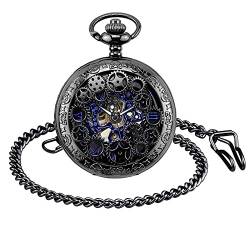 SUPBRO Damen Herren Taschenuhr Retro Zahnrad Analog Mechanische Kettenuhr Uhr mit Halskette Pullover Kette Schwarz von SUPBRO