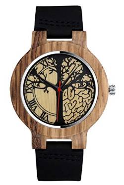 SUPBRO Holzuhren Herren Holzuhr Holz-Armbanduhr Analoge Quarzwerk Uhren Armband Natur-Holz Gehirn Baum von SUPBRO