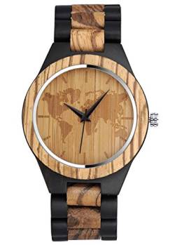 SUPBRO Holzuhren Herren Holzuhr Holz-Armbanduhr Analoge Quarzwerk Uhren Armband Natur-Holz Weltkarte von SUPBRO